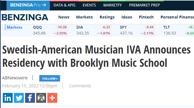 IVA announces Brooklyn Music School residency (Benzinga 2/22)